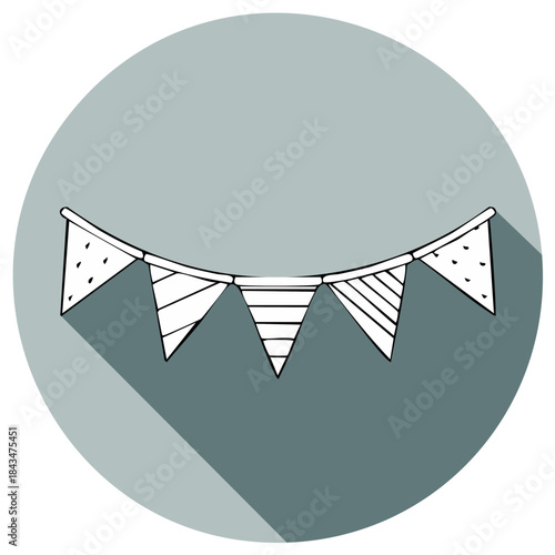 Festive String of Triangle Party Flags Hand-Drawn Illustration on Gray Round Background