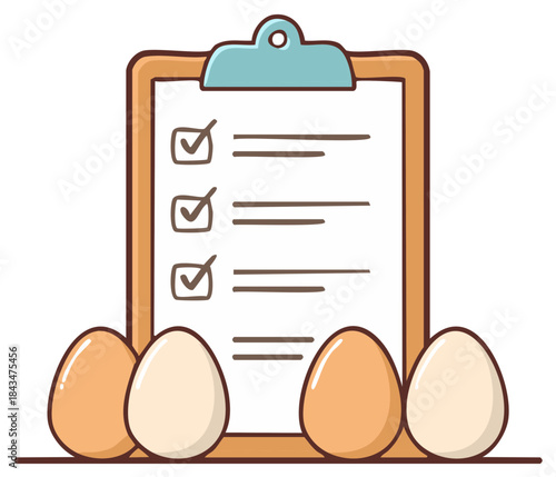 Four eggs under a clipboard with three tasks checked. Illustration for healthy food or a checklist