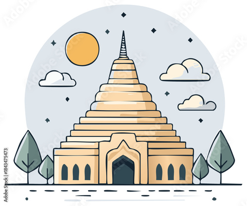 Traditional Asian Tiered Pagoda Temple Building Illustration with Trees and Sky