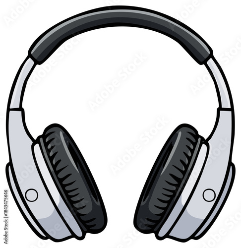 Cartoon illustration of modern white over-ear headphones for music and sound