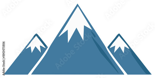 Stylized blue mountain range icon, peaks covered in white, vector graphic