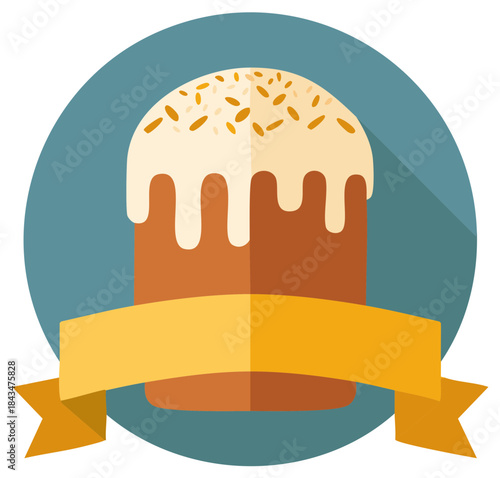 Easter cake illustration with white icing, colorful sprinkles and ribbon banner for festive bakery design, dessert icon, flat graphic style