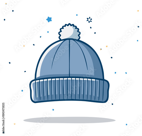 Winter Blue Knit Hat with Pom Pom Illustration for Cold Weather Fashion Accessory Design
