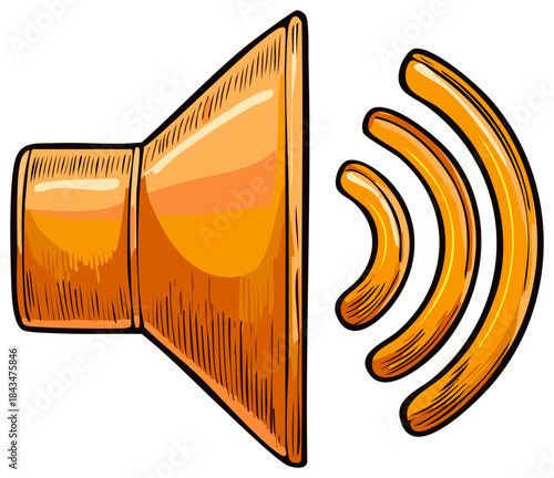 Stylized orange speaker emitting sound waves with a bold outline