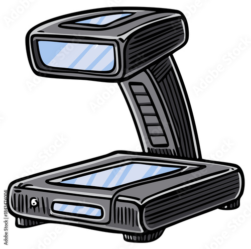 Stylized illustration of a digital document scanner for data processing and office equipment.