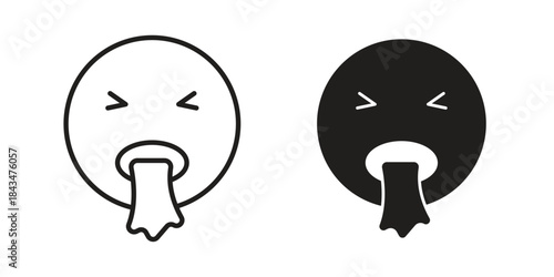 Puking emoji icons. Solid black silhouette and line art outline. Minimal design element,