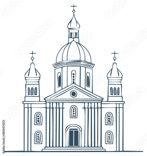 Detailed Line Drawing of a Grand Eastern Orthodox Church Architecture