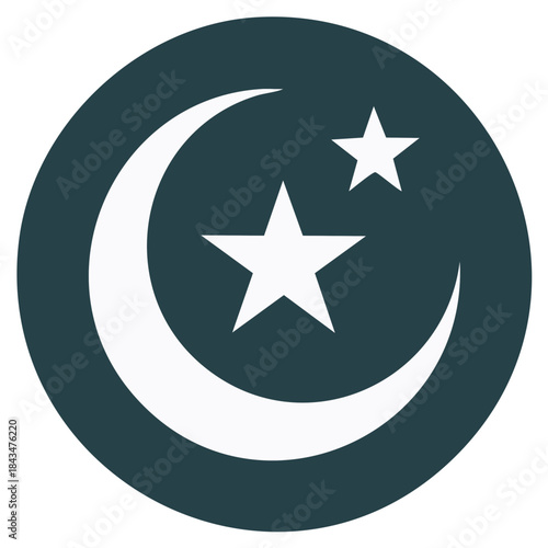 Islamic symbol of crescent moon and stars in a dark circular icon design