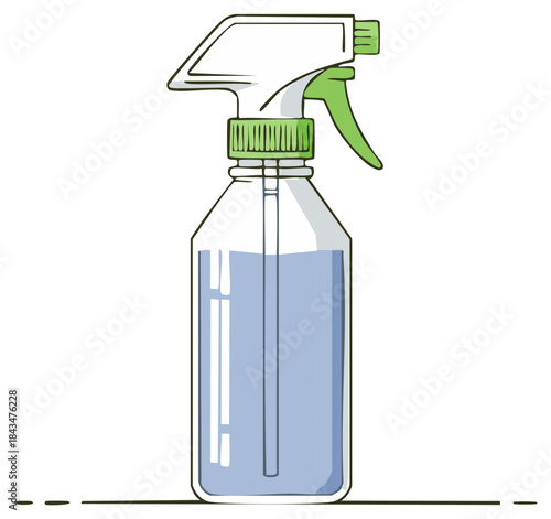 Hand-drawn illustration of a cleaning spray bottle with water, green details