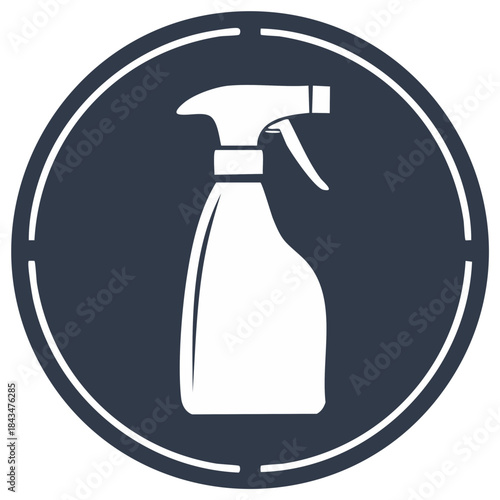 White spray bottle icon in a dark blue circle with a dashed outline for cleaning or disinfection