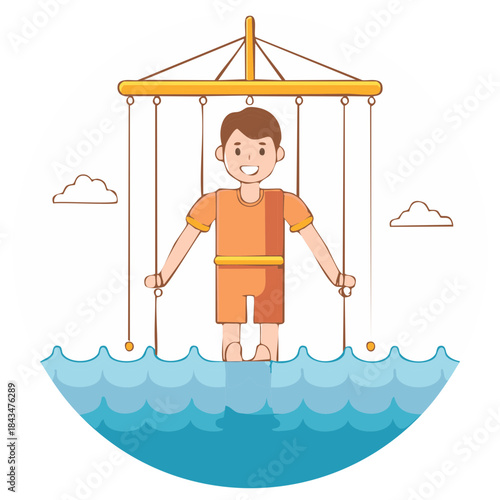 Whimsical illustration of a happy man puppet suspended by strings over serene water.