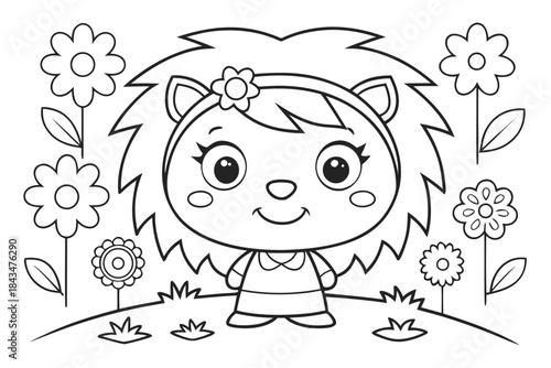 Young Girl with Flowers Coloring Page for Kids, Black and White Outline Vector Illustration