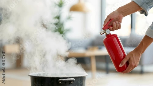 close up of a person using a red fire extinguisher to put out flames in a kitchen pot, releasing a cloud of suppressant during an emergency