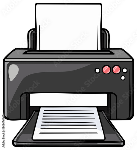 Cartoon Style Printer Printing Documents: Home Office Electronic Device Illustration