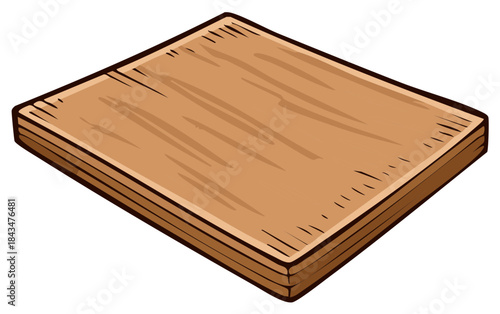 Isolated wooden cutting board showing wood grain detail, illustration in cartoon style, cooking preparation surface, isolated on white