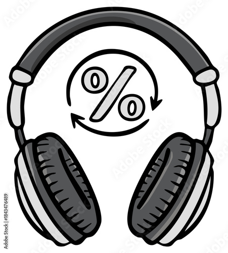 Headphones with percentage symbol inside the circle, representing discounts or deals