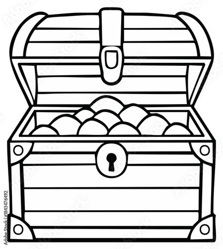 Open Wooden Treasure Chest with Gold Coins - Black and White Line Art Illustration