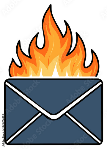 Burning email with flames, representing spam or unwanted messages, digital illustration