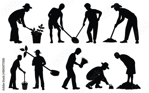 Gardening and Planting People Silhouettes Set