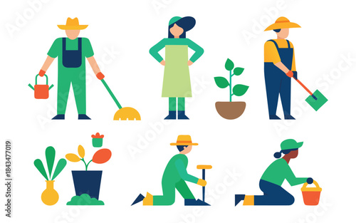 Flat Vector Illustration Set of Gardeners and Farmers Working with Plants and Tools