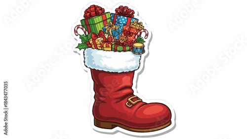 Christmas-themed red boot overflowing with a joyful collection of colorful presents, candy canes, holly, and toys, isolated vector graphic