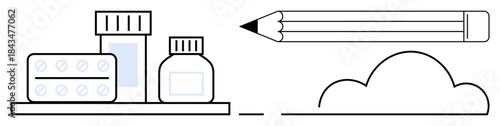 Healthcare, medication, creativity, imagination, productivity, brainstorming. Pills and bottles on a shelf, pencil cloud outline. Healthcare and creativity ideas with clarity