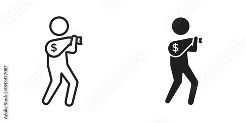 Robbery icons. Solid black silhouette and line art outline. Minimal design element,