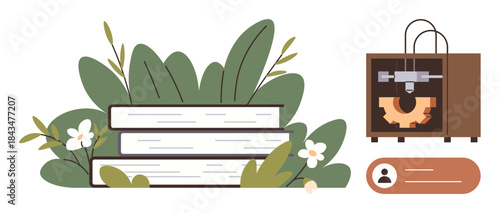 Books surrounded by leaves, floral accents beside a 3D printer and user profile element. Ideal for education, technology, innovation, learning resources, personalization, eco-friendly concepts
