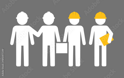 Construction Workers Collaboration: a group of construction worker in a minimalist, symbolic style, engaging in collaborative work or teamwork, each with a distinctive presence.