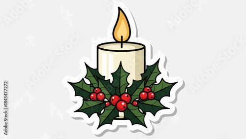 Cheerful Christmas holiday vector illustration featuring a lit candle surrounded by vibrant green holly leaves and bright red berries, isolated on a white background