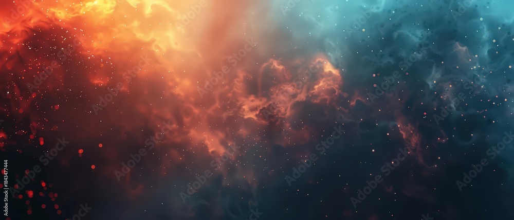 Obraz premium Abstract cosmic background featuring a glowing nebula with orange and red light, particles, and deep space fog atmosphere.