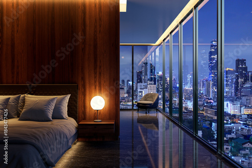 Foto Ultra-luxurious, dark, and modern bedroom with stunning panoramic city skyline v