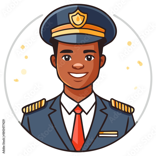 Friendly Black pilot in a captain uniform smiling for an avatar illustration