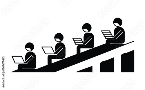 Stairway to Digital Success: A stylized representation of individuals diligently working on laptops as they ascend a metaphorical staircase, symbolizing progress and digital achievement.