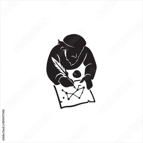  Illustrator monk draws constellation map with quill pen Silhouette vector
