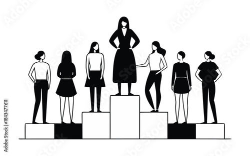 Leadership and Empowerment: A symbolic image portraying a confident woman standing atop a platform, surrounded by a supportive group of women, symbolizing leadership, strength, and empowerment.