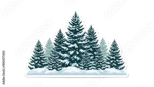 Stylized winter forest vector illustration with snow-covered pine trees and subtle glowing lights, isolated on white background