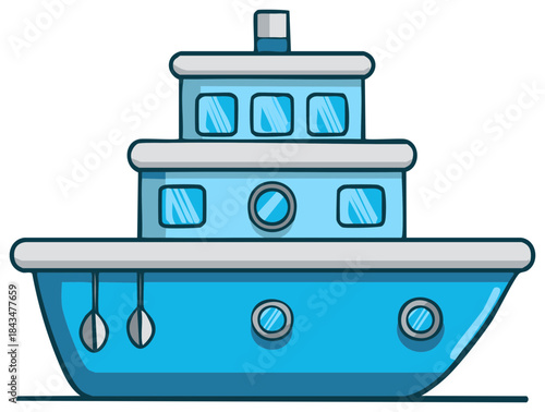 Cartoon Style Boat with Windows and Oars, Nautical Vessel Illustration on White