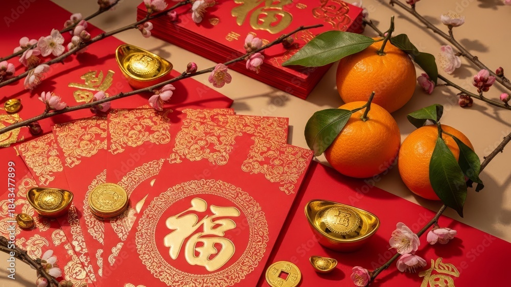 Fototapeta premium Red Envelopes, Tangerines, Plum Branches in Soft Studio Light