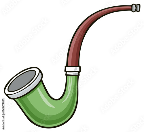 Cartoon Illustration of a Green Smoking Pipe with Brown Stem on a White Background