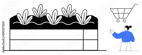 Sustainable shopping, urban gardening, eco-friendly lifestyle, agriculture, minimalism, consumer behavior. Raised garden bed with plants and a person pointing at a shopping cart. Urban gardening