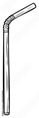 Black and white Illustration of a bendable drinking straw for cocktails or drinks