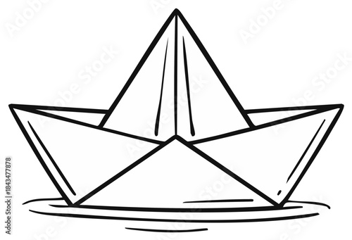 Paper Boat Floating Simple Line Drawing Origami Water Vessel Handdrawn Illustration