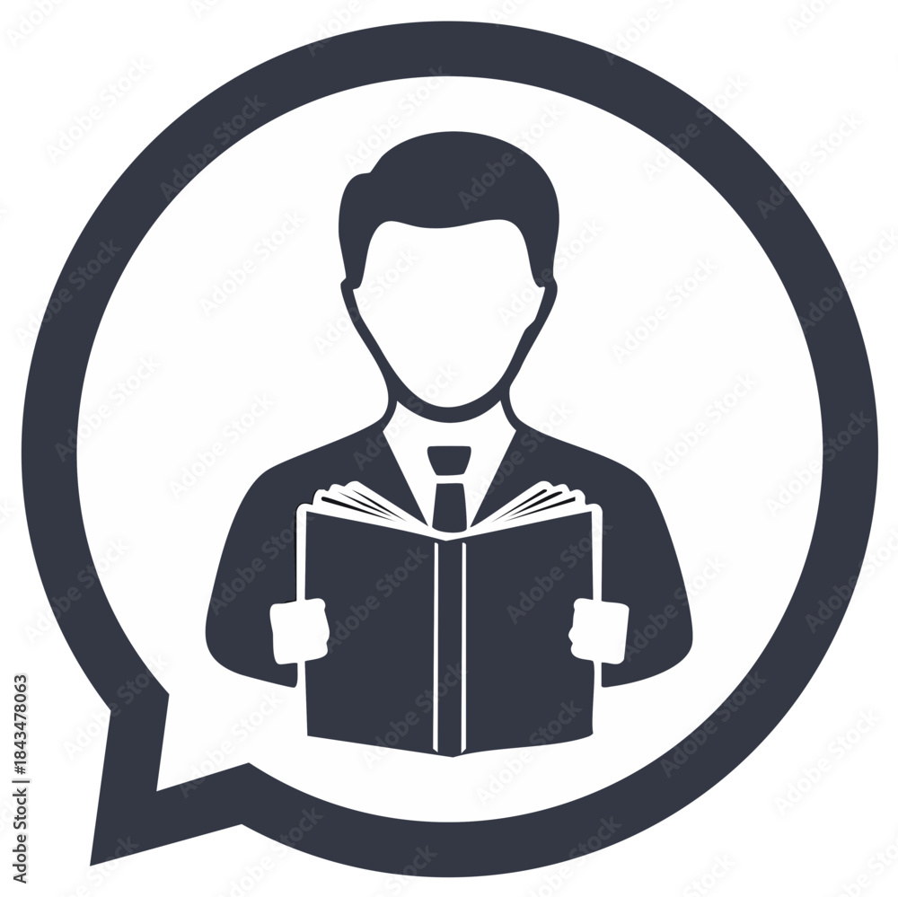 Obraz premium Silhouette man in suit reading open book inside speech bubble icon representing knowledge sharing communication and learning
