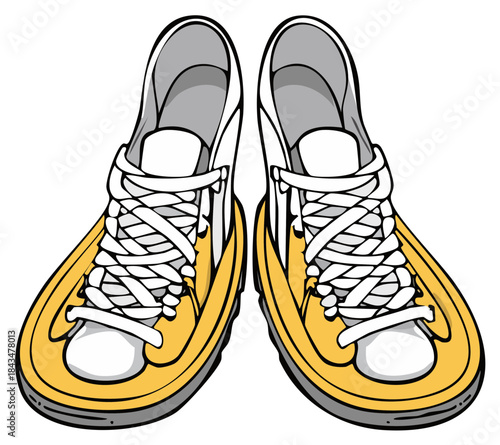 Cartoon illustration of a pair of yellow and white sport shoes, front view.