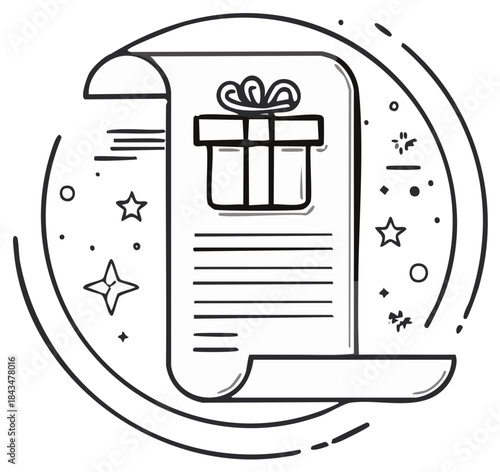 Doodle gift box on a scroll with wish list text and festive celebration elements