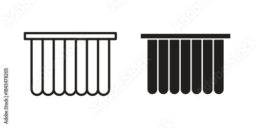 Shower curtain icons. Solid black silhouette and line art outline. Minimal design element,