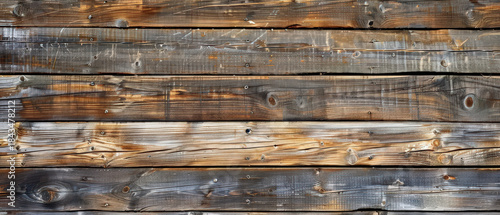 A rustic wall made of aged wooden planks with visible grain, knots, and weathered textures in warm and cool tones.