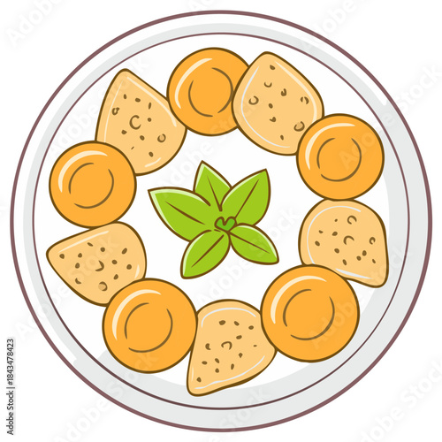 Overhead view of a cartoon cheese platter appetizer with fresh basil leaves