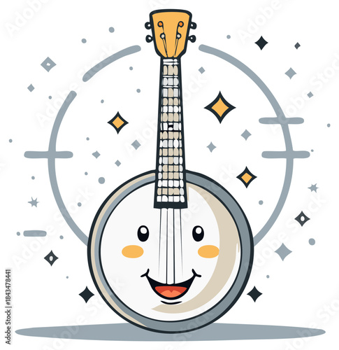 Cartoon banjo with smiling face, musical instrument with happy expression and surrounding stars